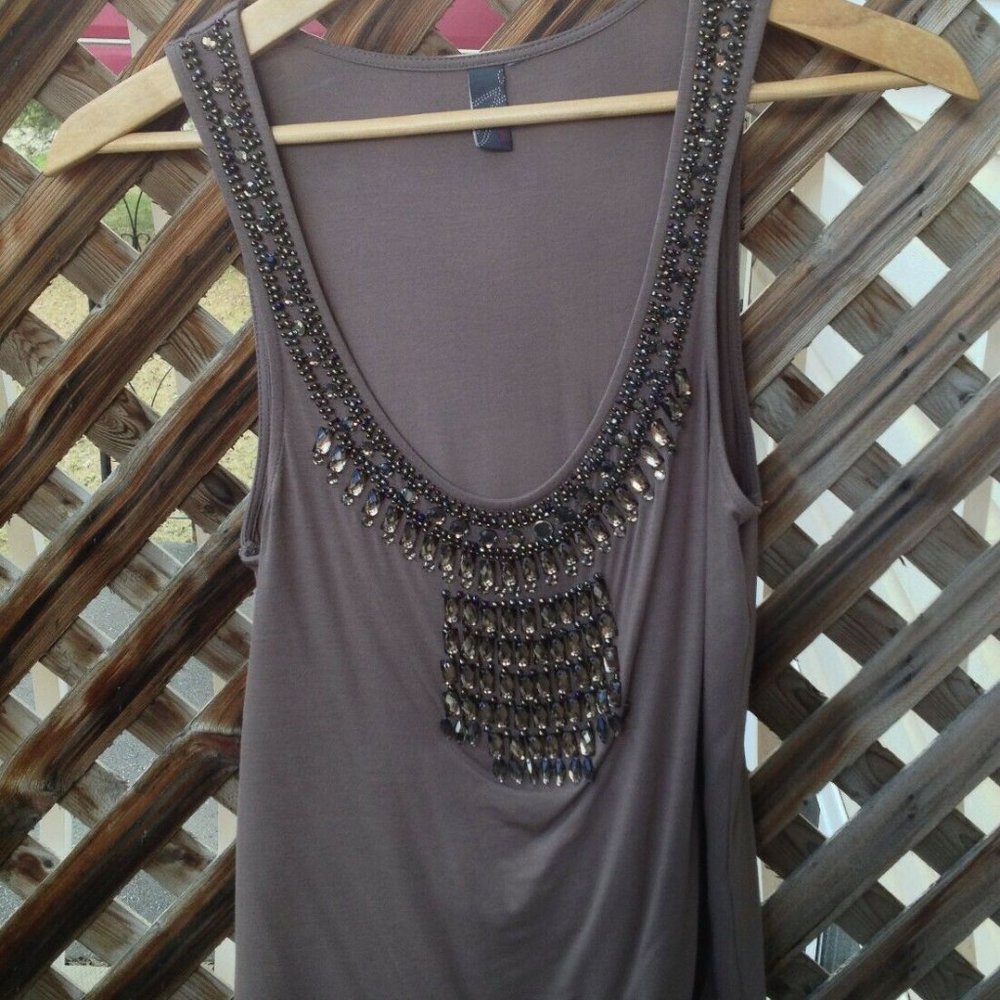 JANA Taupe Beaded Jewel Bodice Neckline Tank Top